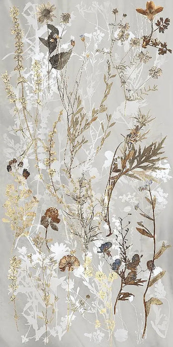Delicate illustrazioni botaniche di fiori di campo e foglie essiccate in tonalità terrose su sfondo grigio chiaro, ideali per valorizzare il DECORO DA PARETE E/O PAVIMENTO 60X120 di Selvaggio Edilpref S.R.L. con un tocco arioso e naturale.