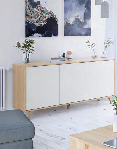 Credenza Kikua Plus 3 ante Canadian bianco Artik, rovere Canadian e bianco Artik, fotografia Eurogross