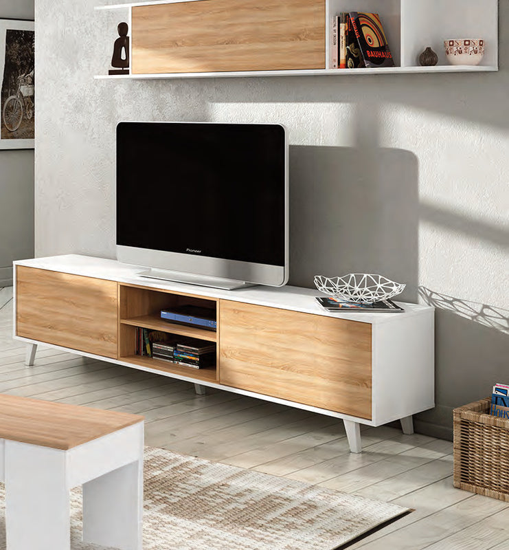 Mobile soggiorno completo Zaiken con base e pensile in bianco lucido e rovere Canadian, foto catalogo Eurogross