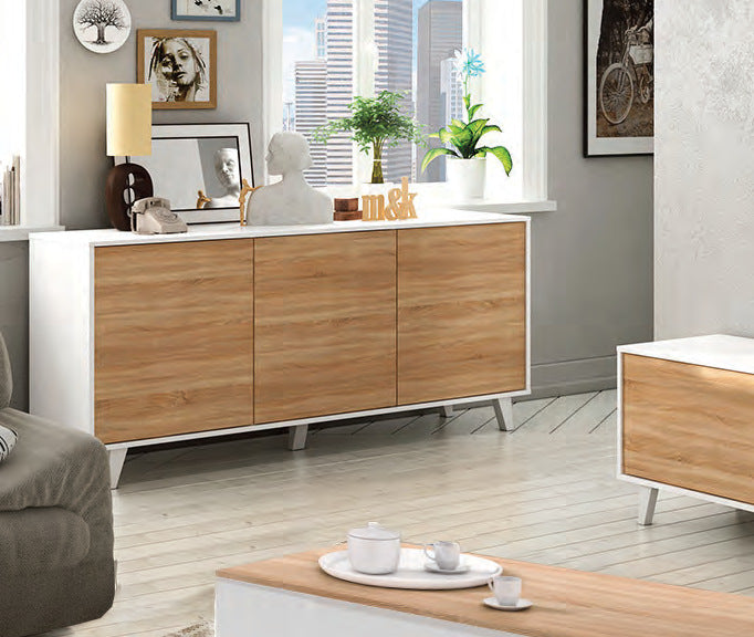 Credenza Zaiken 3 ante bianco lucido e Canadian in bianco lucido e rovere Canadian, foto catalogo Eurogross