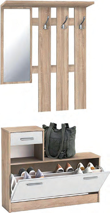 Mobile ingresso Welcome con scarpiera e specchio, base 100 × 24 × 76 cm, specchio 83 × 35 cm – fotografia Eurogross