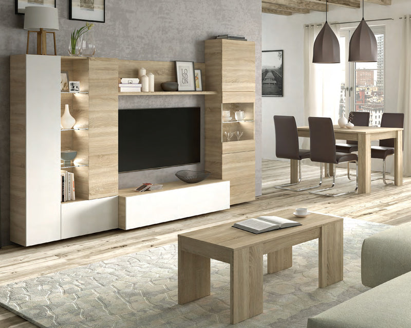 Mobile soggiorno Essenzial LED con ripiani in vetro, finitura rovere Canadian e bianco lucido – fotografia prodotto Eurogross