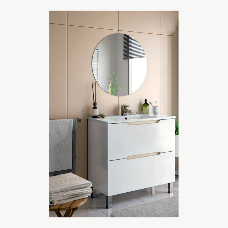 Mobile bagno Lea 80 cm bianco lucido e rovere 2 cassetti, vista prodotto — Eurogross