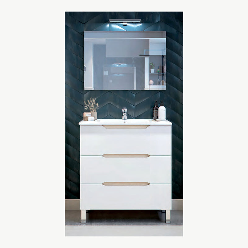 Mobile bagno Lea 80 cm bianco lucido e rovere con tre cassetti - 80 × 45 × 86 cm - Bianco lucido e rovere