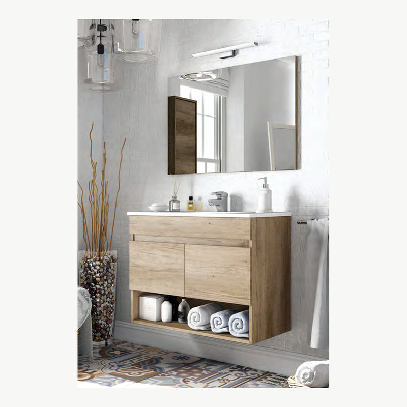 Mobile bagno sospeso 80 cm rovere nordico lavabo e specchio, vista prodotto — Eurogross