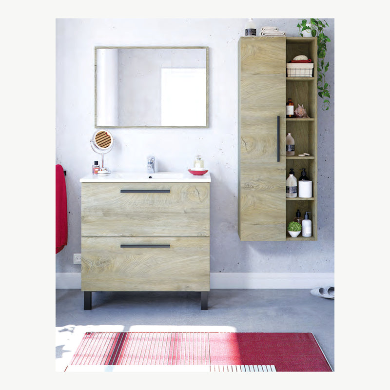 Mobile bagno rovere Alaska 80 cm a 2 cassetti con specchio, 80 × 45 × 80 cm - foto reale da Eurogross