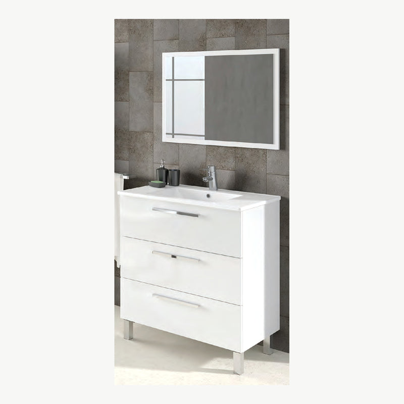 Mobile bagno bianco 80 cm tre cassetti con lavabo e specchio, vista prodotto — Eurogross
