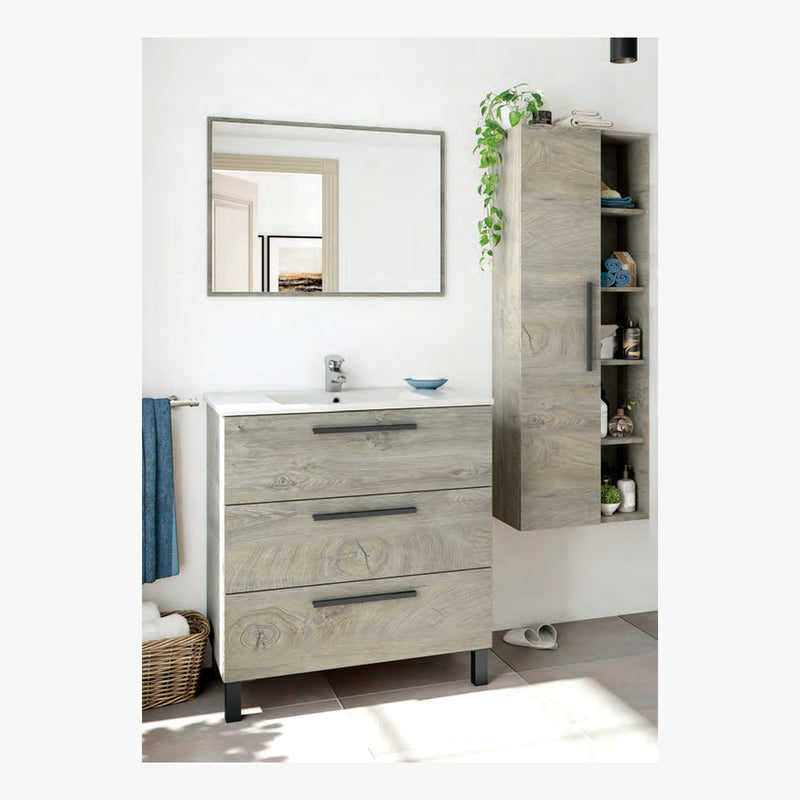 Mobile bagno rovere Alaska 80 cm con tre cassetti e specchio - 80 × 45 × 86 cm - Rovere Alaska